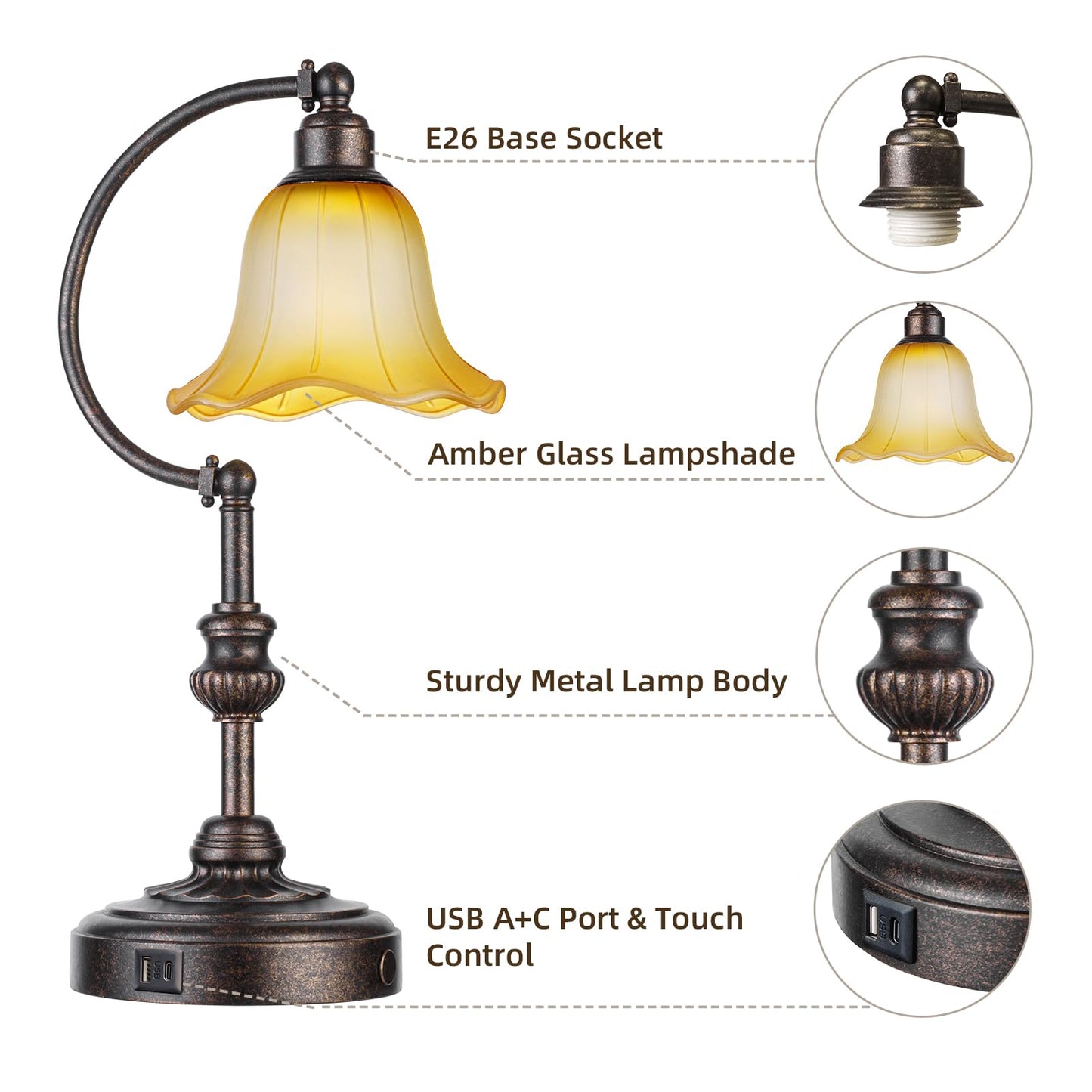 RORIA Touch Farmhouse Table Lamp for Living Room with USB C+A Ports