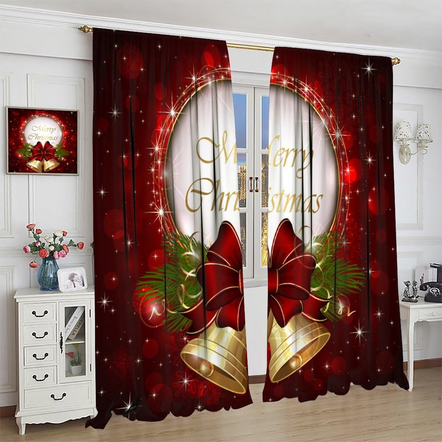 Merry Christmas Curtains Red Sparkling Dingdang Winter Christmas Holiday Bell Festivals Atmosphere Blackout Window Treatment for Happy Festival Living Room Bedroom Home Decor Window Drapes 52"W X 84"L