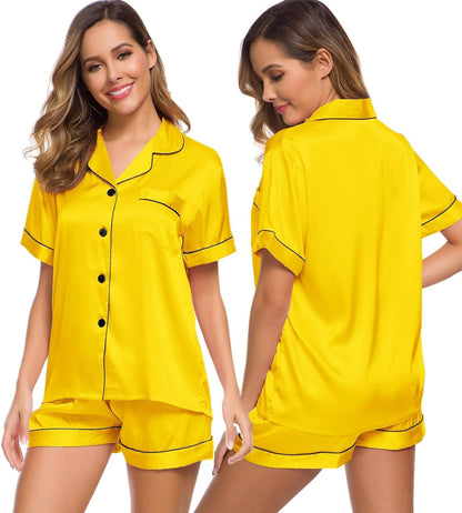 SWOMOG Womens Silk Satin Pajamas Set Short Sleeve Sleepwear Button Down Top and Shorts Loungewear 2 Piece Pjs Set XS-3XL