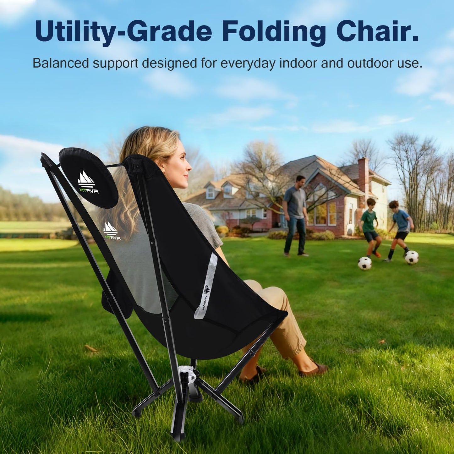 MTRVR Utility-Grade High-Back Folding Chair — Stable One-Piece Structure, Extended Back Support for Longer Sitting, Reinforced Aluminum Frame, Portable Chair for Camping, RV & Outdoor Use