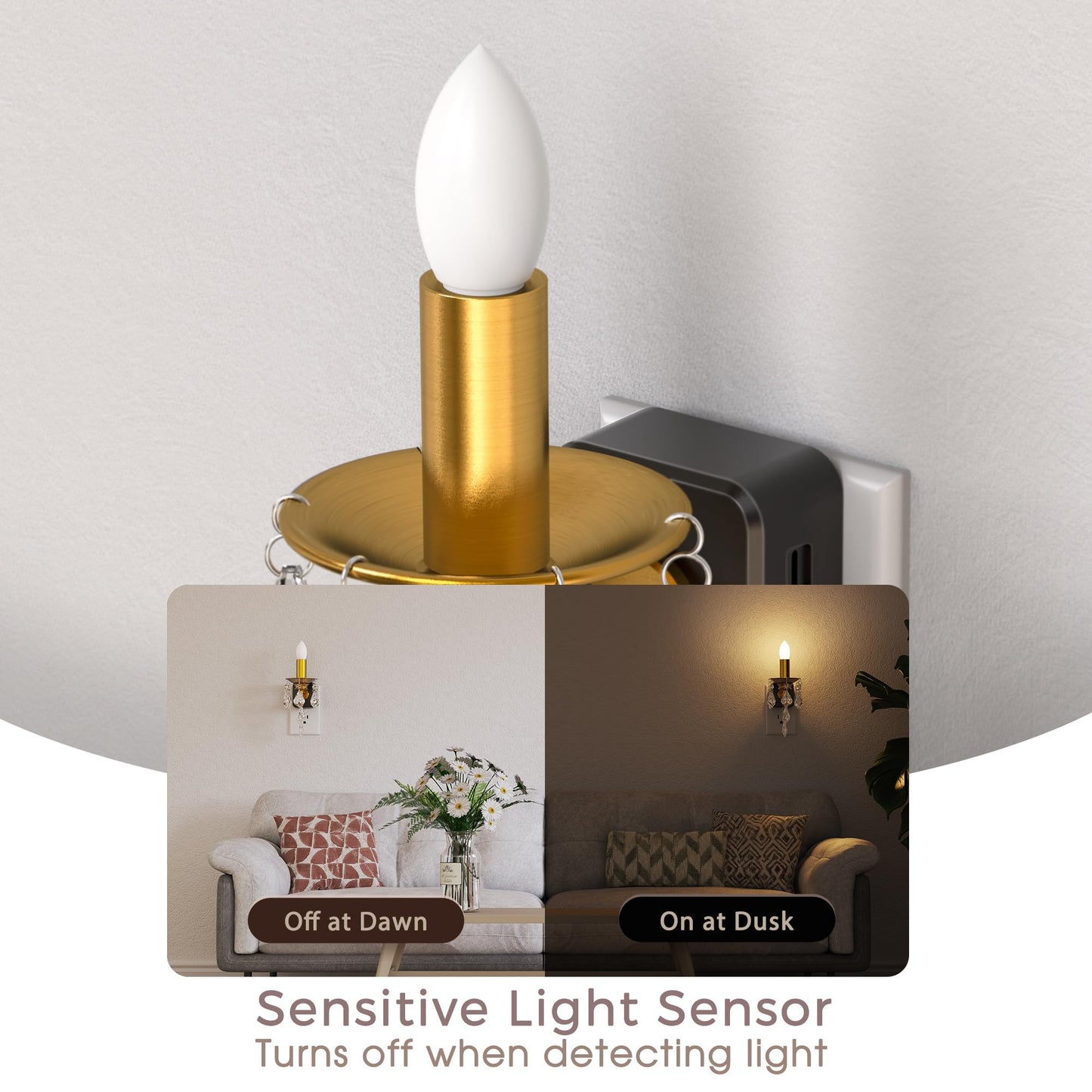 Briignite Chandelier Night Lights Plug into Wall, LED Warm Night Light with Dusk to Dawn Sensor, 0-100LM Dimmable, Decorative Gold Candle-Style Nightlight for Bedroom, Bathroom, Hallway, Stairway