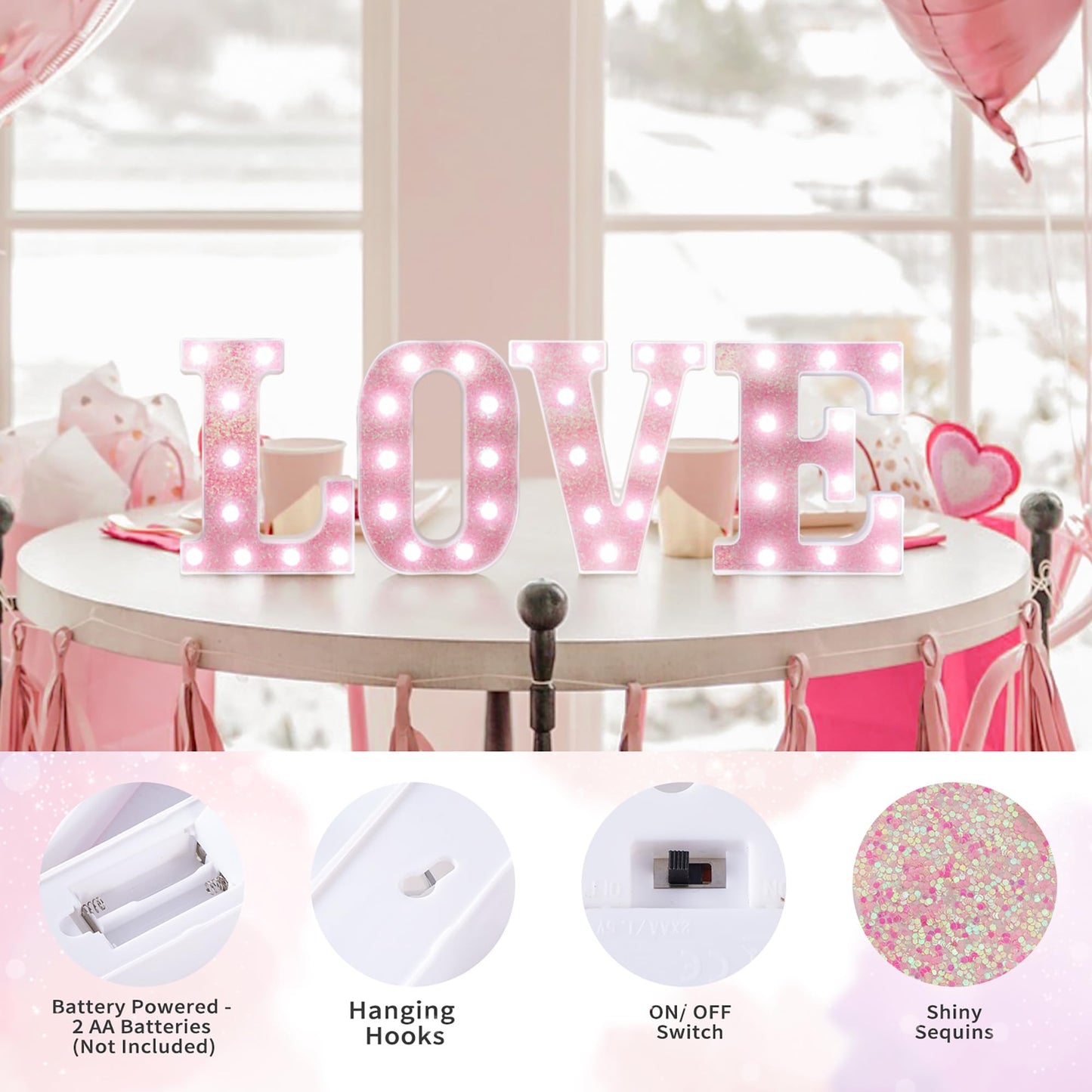 EUFONY Pink Glitter Marquee Light Up Letters, Battery Operated LED Letter Lights Signs for Pink Birthday Party Table Decorations, Wall Decor for Girls Bedroom, Initial Letter E with Cool White Lights