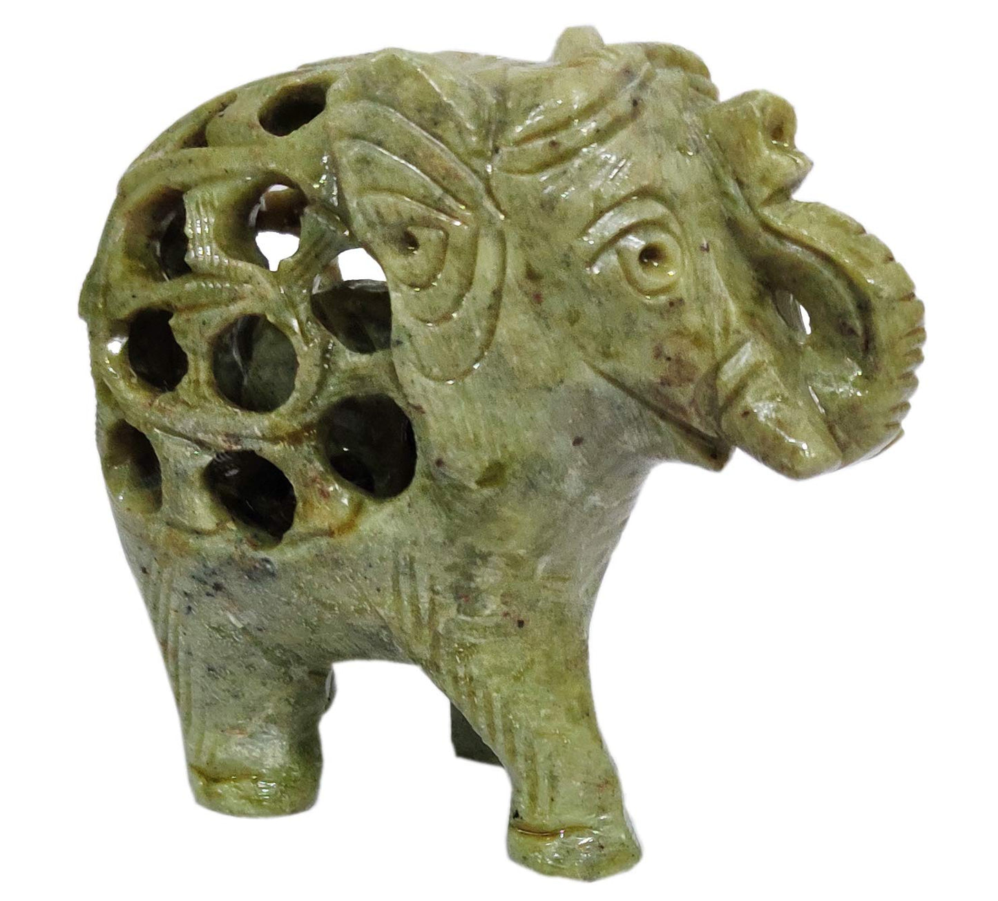 Purpledip Soapstone Statue Nested Elephants: Lattice Design Jaali Work Mesh Sculpture (11662)