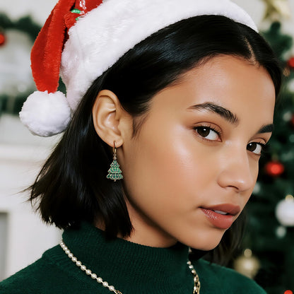 Sonateomber Christmas Tree Stocking Stuffers Dangle Drop Earrings for Women, Dainty Cute Xmas Gold Green Enamel Tree Dangling Hoop Santa Earings Holiday Party Outfit Accessories Costumes Jewelry Gift