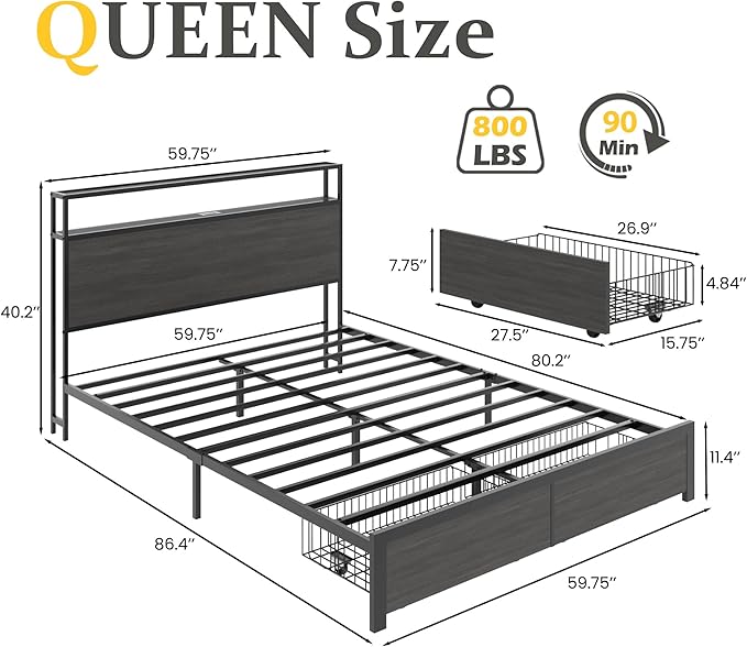 Lifezone Queen Bed Frame with 2-Tier Storage Headboard, Bedroom Metal Bed Frame