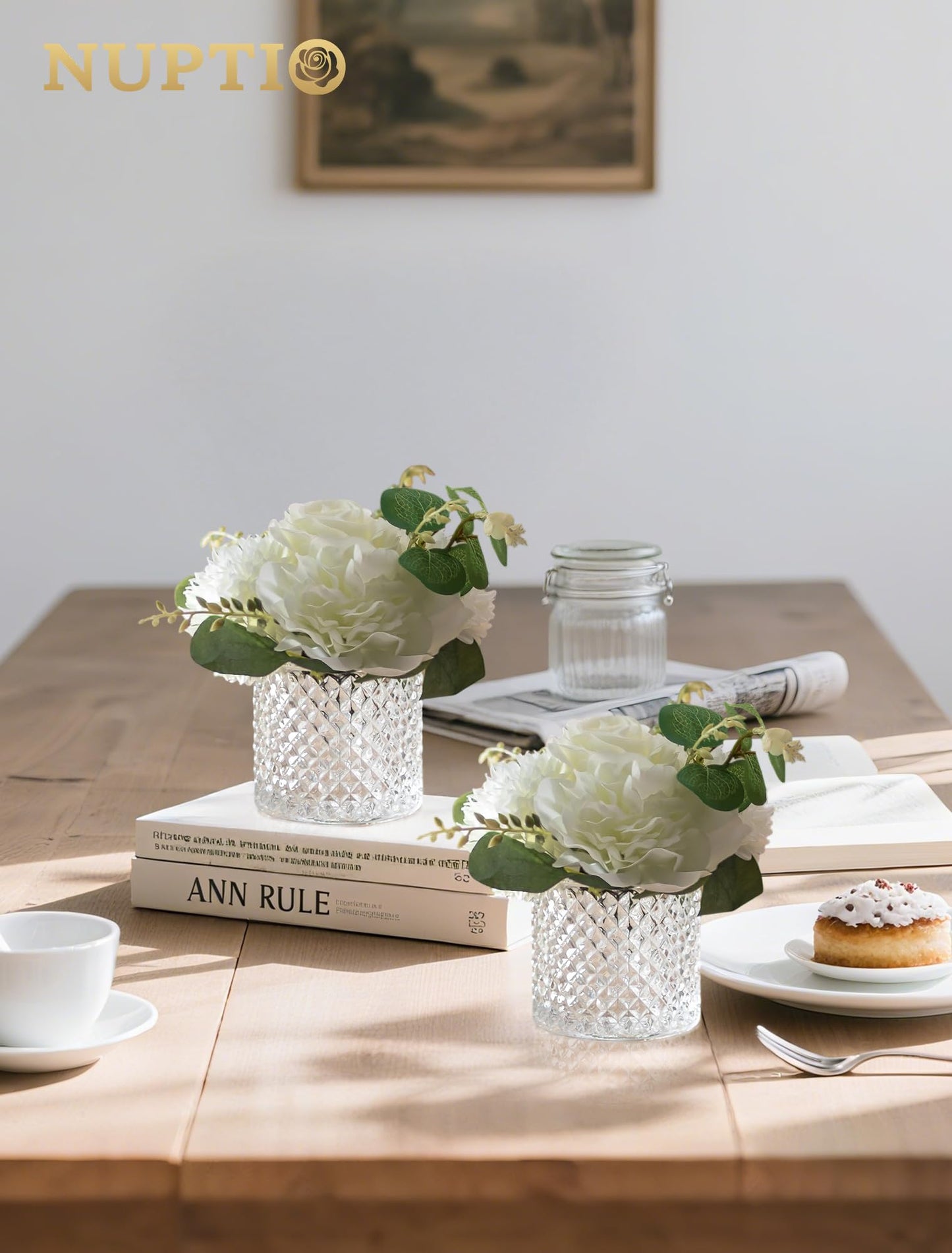 NUPTIO Small Fake Flower in Vase: 2 Pcs Silk Artificial Flowers with Clear Glass Vases for Living Room Bathroom Office Decor - Faux Rose Mums Floral Arrangements Wedding Dining Table Centerpiece