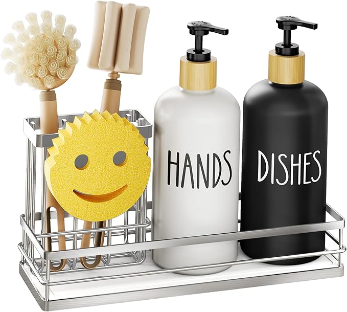 Moforoco Kitchen Dish Soap Dispenser Set, 16OZ Glass Bottle, Hand and Dish Soap