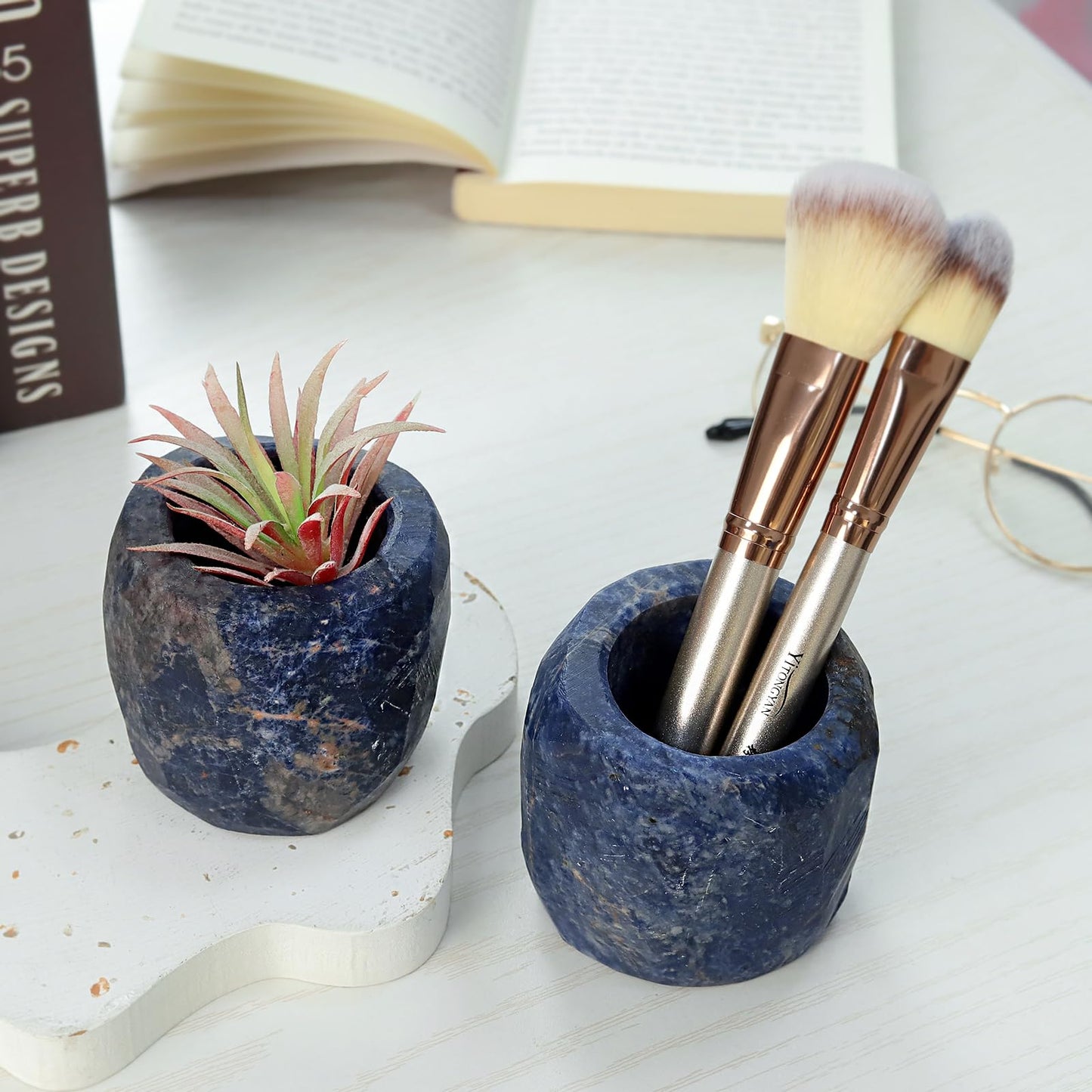 rockcloud Natural Raw Blue Sodalite Taper Tea Light Candle Holder Air Plant Holder Healing Stone Home Decoration Figurine