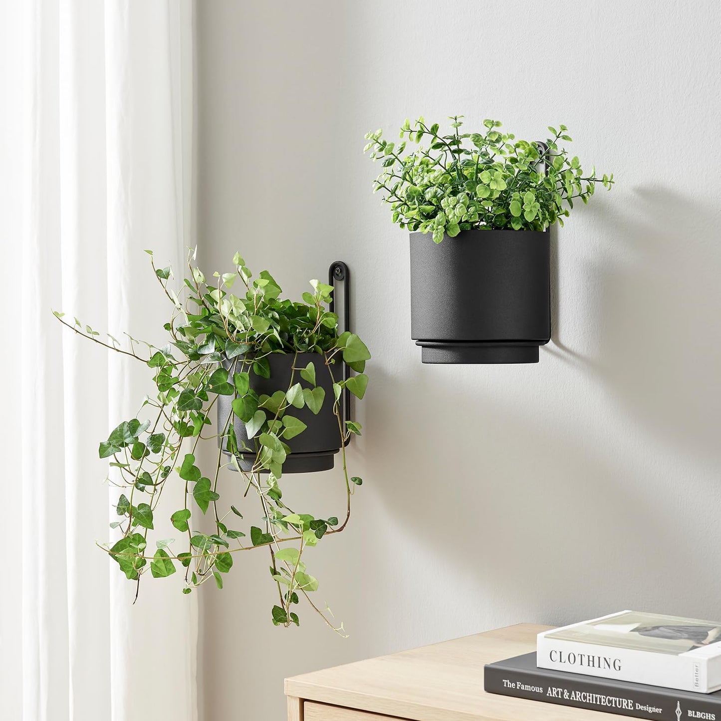 CISEANOL 2 Pcs Wall Mounted Hanging Planter Vase for Indoor and Outdoor Plants Modern Metal Wall and Ceiling Planter Minimalist Flower Pot (Black, 5.91 inch)