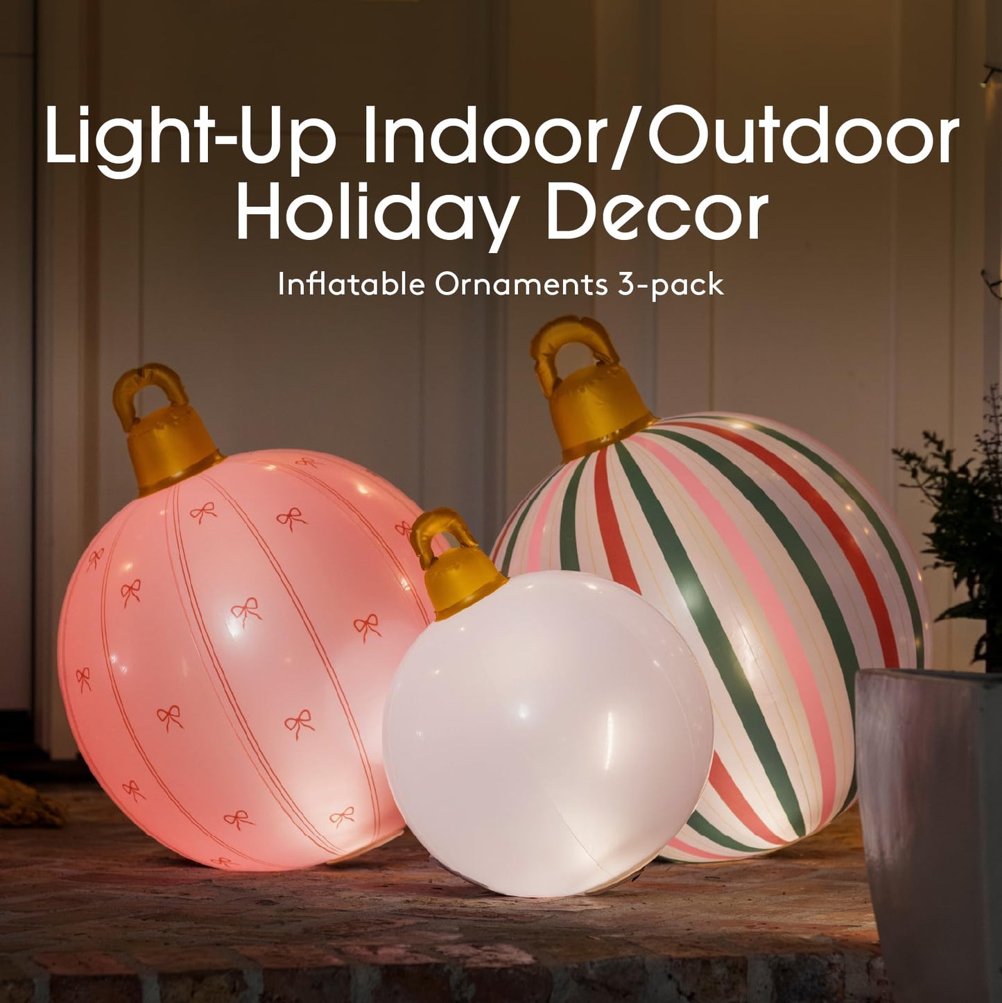 FUNBOY Giant Inflatable Light-Up Classic Pink Christmas Ornaments, 3 Giant Sizes 24'', 22'' and 16.5'' Indoor/Outdoor (3 Pack)