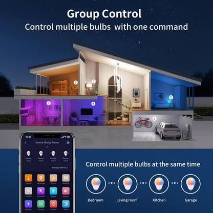 Ailofy LED Smart Light Bulbs, 16M Color Changing Dimmable, Compatible with Alexa & Google Assistant, RGBCW Colored Bulb, WiFi Light Bulbs, A19 E26, 9W 800LM, 1800K-6500K Tunable White, 4 Pack