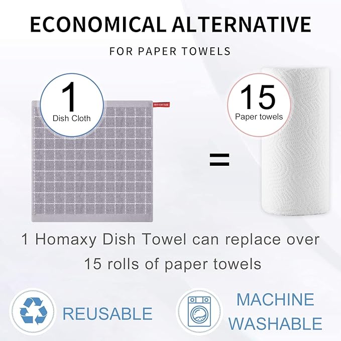 Homaxy 100% Cotton Terry Kitchen Dish Cloths, Ultra Soft and Absorbent Dish
