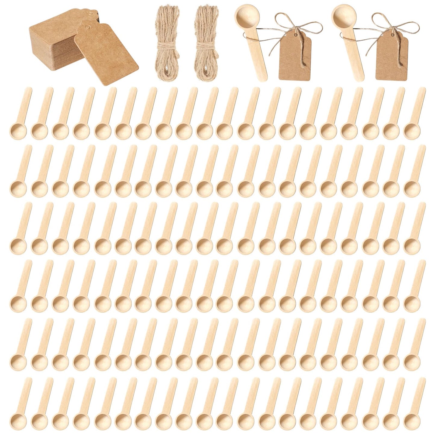 120 Sets 3 Inch Mini Wooden Spoons with 120 Pcs Tags and 2 roll of Twine Rope Spice Jars Wood Spoons Disposable Small Spoons Wooden Spoons Honey Sugar Cooking Oil Tea Coffee Kitchen