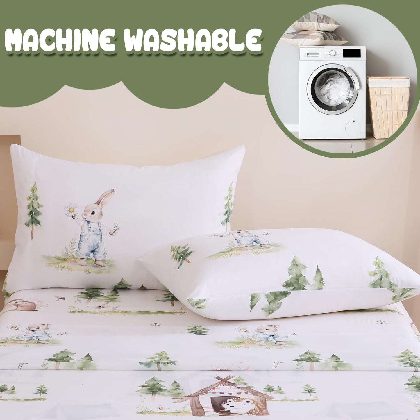 Yibeizi Camper Themed Sheet Set Full Size, Kids Woodland Animals Print Bedsheets Microfiber Deep Pocket Cute Patterned Bed Sheet & Pillowcase Sets 4 Pieces
