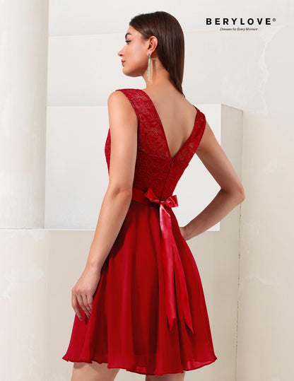 BeryLove Women's Short Homecoming Dresses for Teens Sleeveless Flowy A Line Wedding Guest Lace Cocktail Prom Formal Dress 05 B-Red L