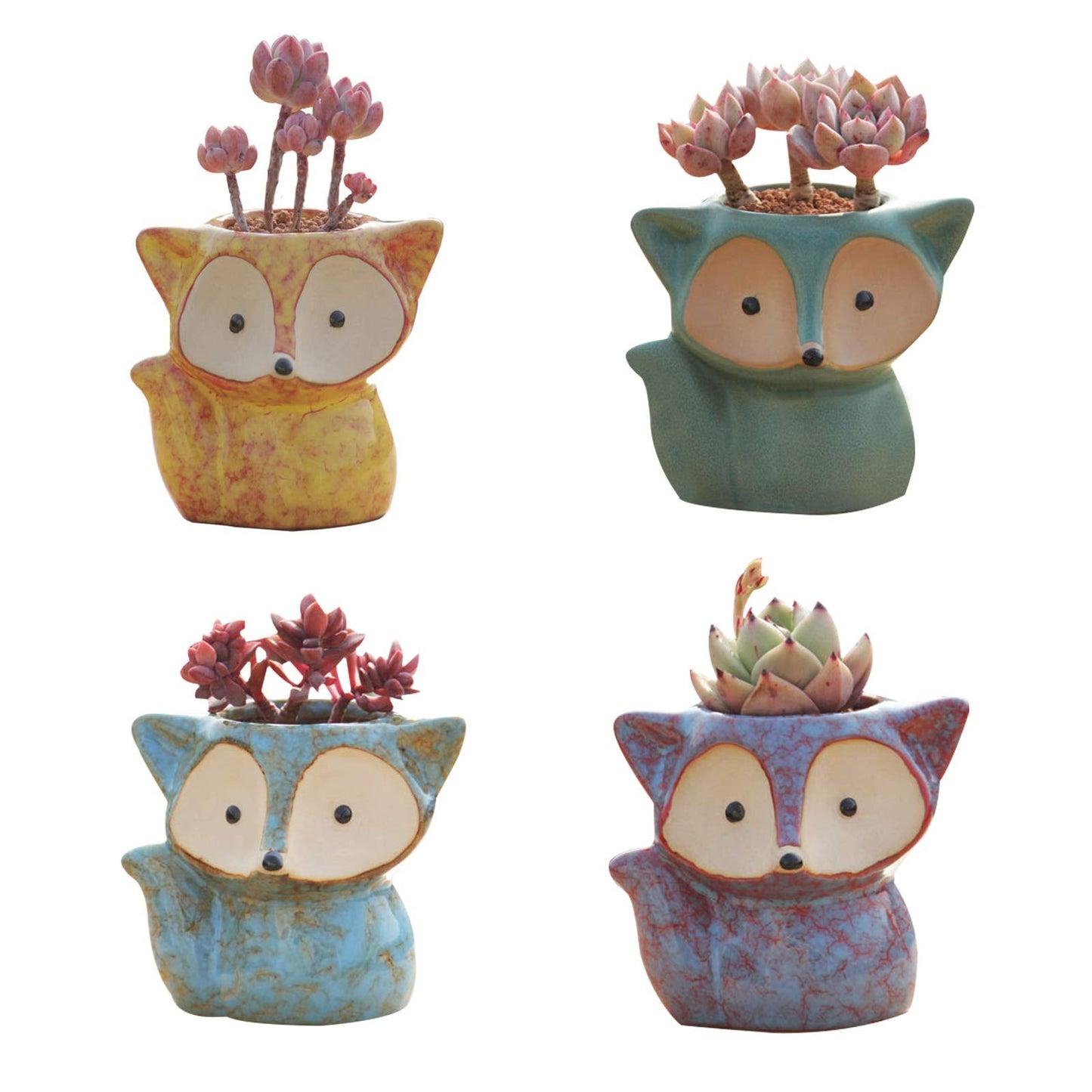 ANQIA 4 Pack Cute Fox Shape Ceramic Succulent Plant Pots Cactus Plant Pot Flower Pot with A Hole for Home & Office Decor