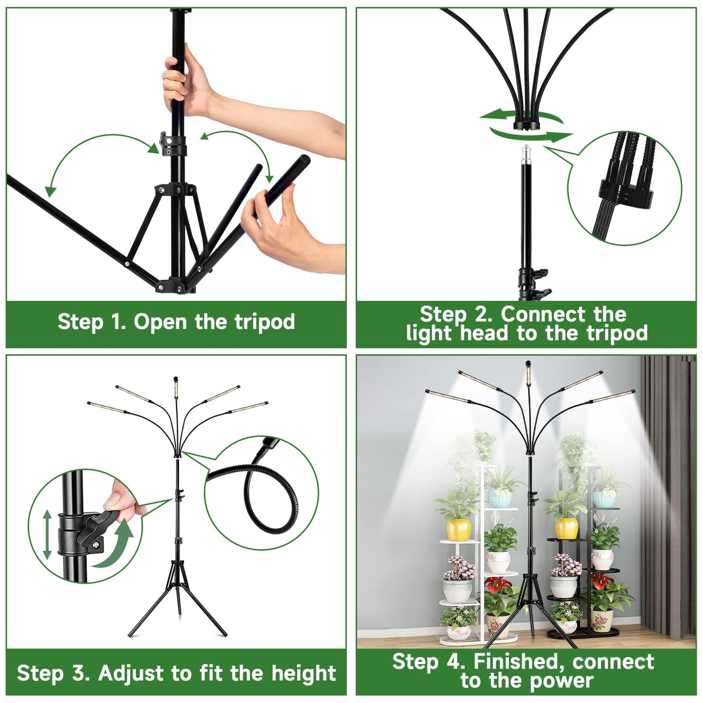 Garpsen Grow Lights for Indoor Plants, 5 Heads Full Spectrum Grow Light with Adjustable Tripod Stand, 100PCS LEDs Plant Light for Indoor Plants with 6/12/16H Timer and 3 Light Modes(No Clip)