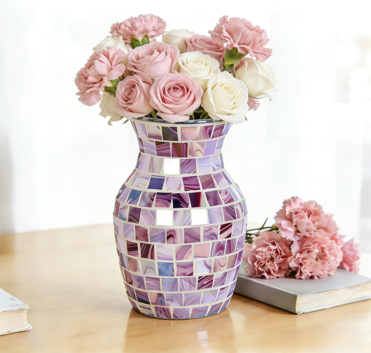 Mosaic Glass Vase, Silver Crackle Glass Vase, Shiny Modern Decor Handmade Vase, Glitter Mosaic Accent Container Table Centerpiece for Home Decor Office Living Room Bookshelves Wedding (Purple)