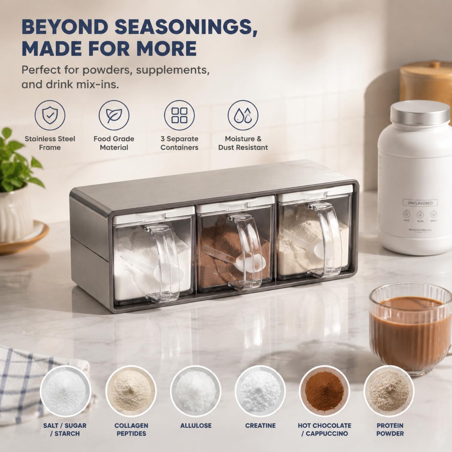 ZENFUN 3 Grids Seasoning Organizer Box, Stainless Steel Salt Container with Lid and Spoon, Seasoning Containers with Stainless Steel Rack for Home, Kitchen, Cafe, Storing Salt, Sugar, Pepper, Spice