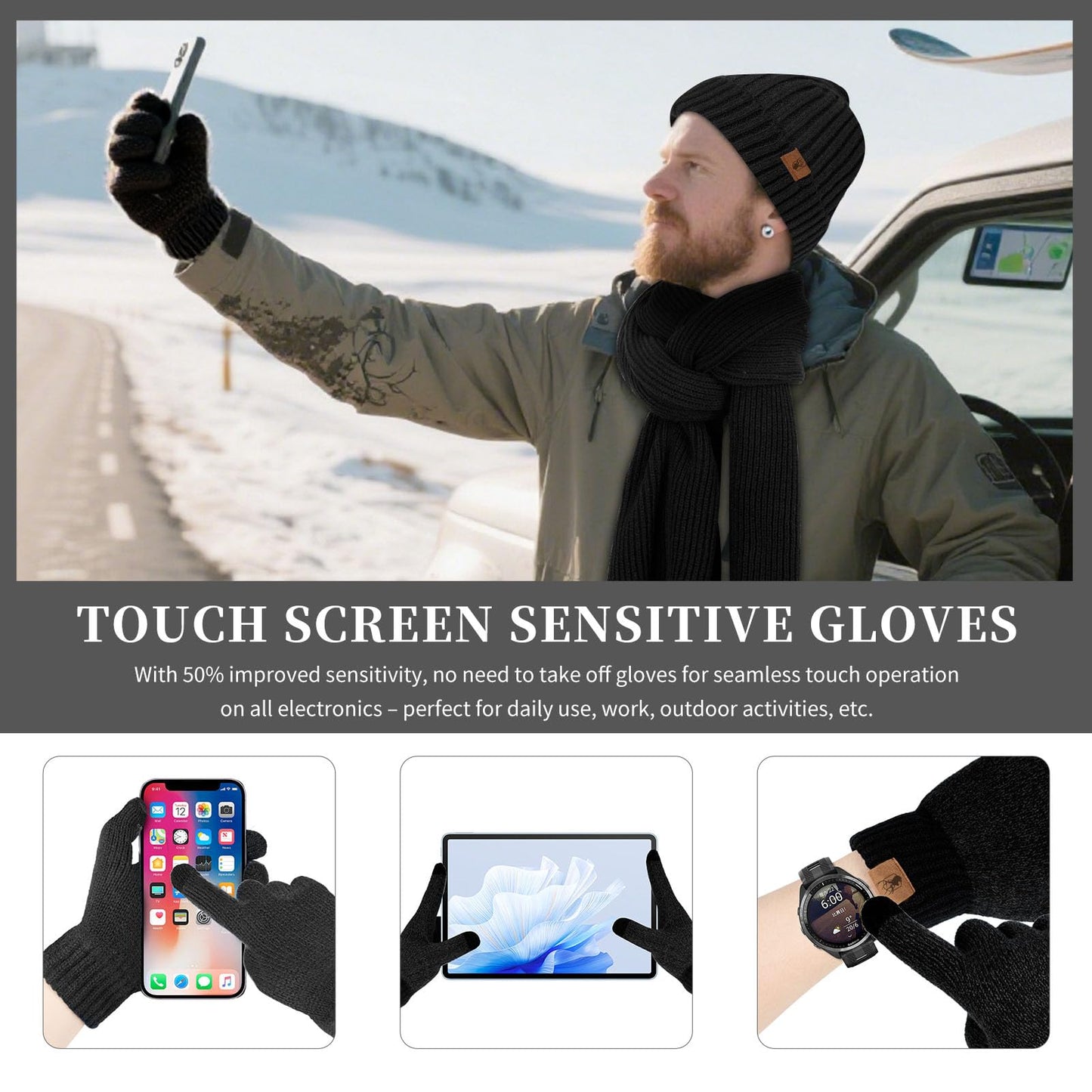 Winter Beanie Hats for Men Long Neck Scarf and Touchscreen Gloves Set with Fleece Lined Skull Caps Gifts for Men Black