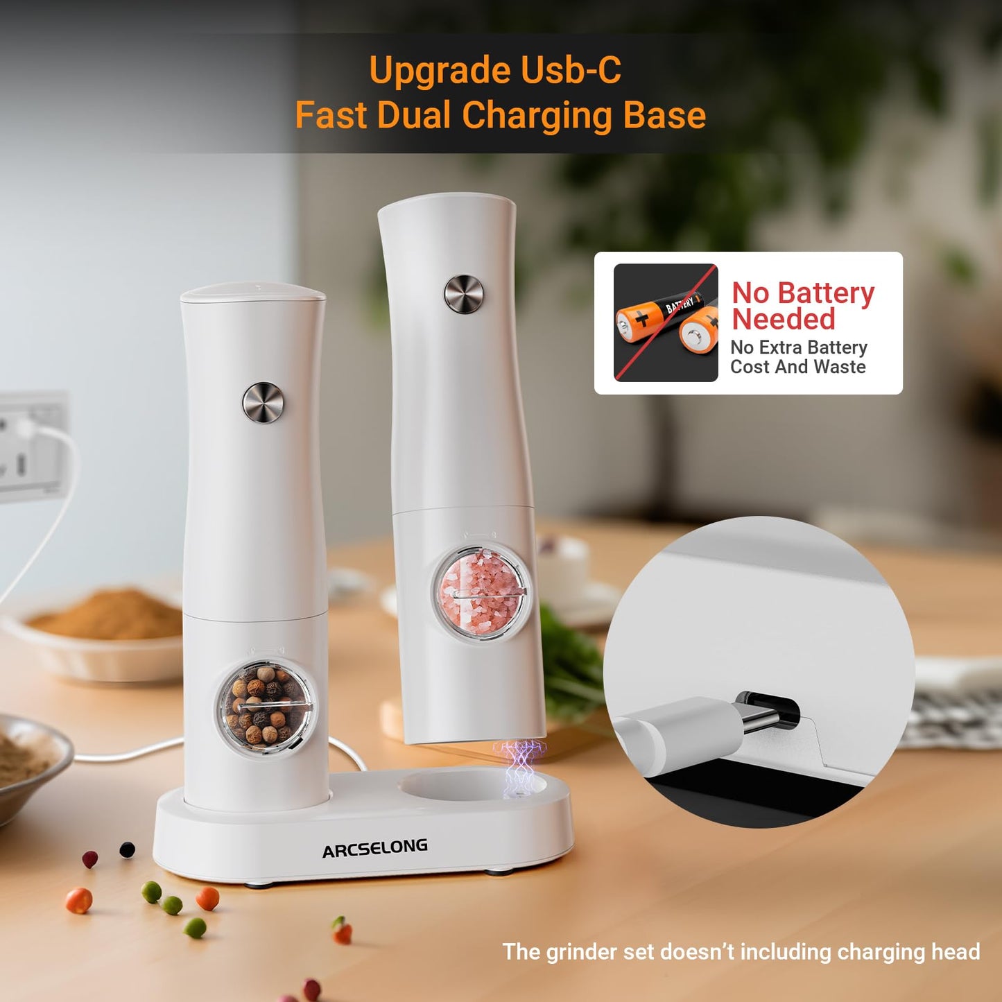Arcselong Electric Salt And Pepper Grinder Set With Type-C Rechargeable Base, No Battery Needed, Adjustable Coarseness Electronic Spice Mill Shakers Salt And Pepper Shakers Refillable