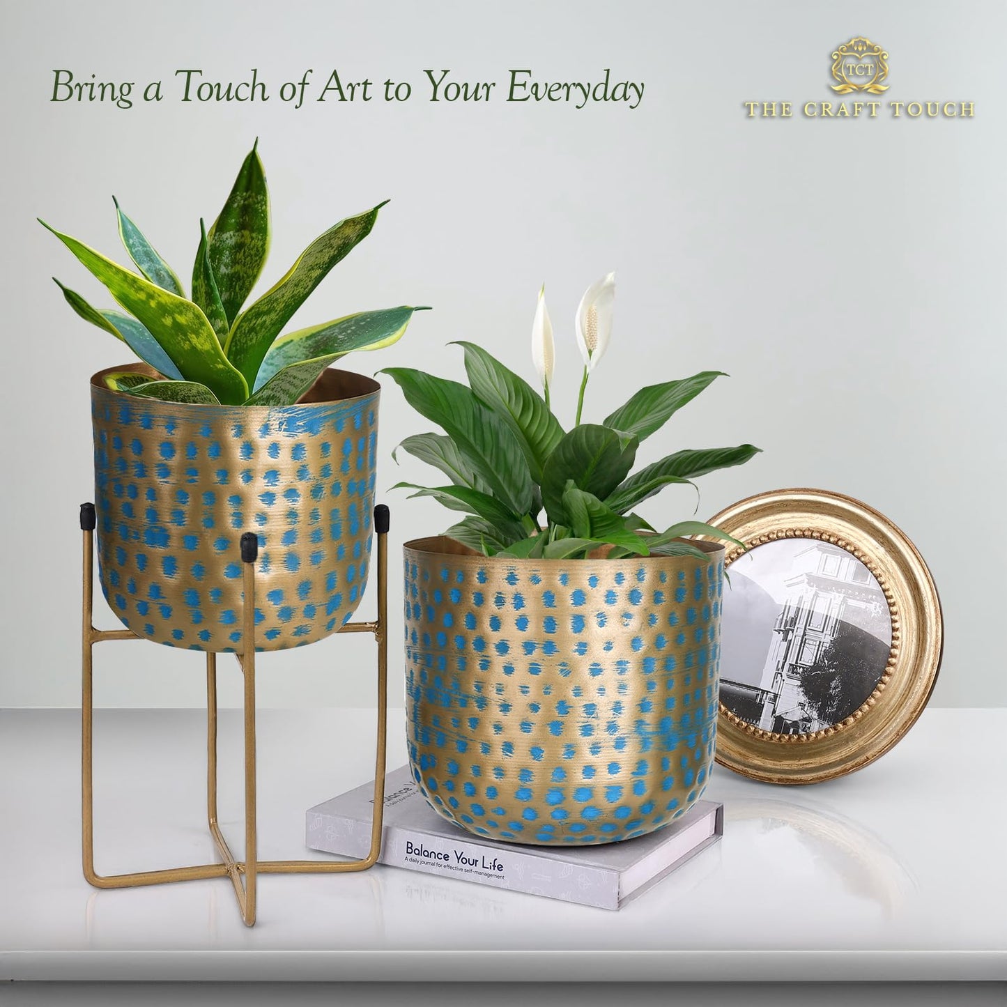 The Craft Touch Set of 2 Metal Planters with Stands – 16″ & 12″ Decorative Flower Pots for Indoor & Outdoor Plants | Rustic Home & Garden Décor for Living Room, Patio, Balcony, Housewarming Gift