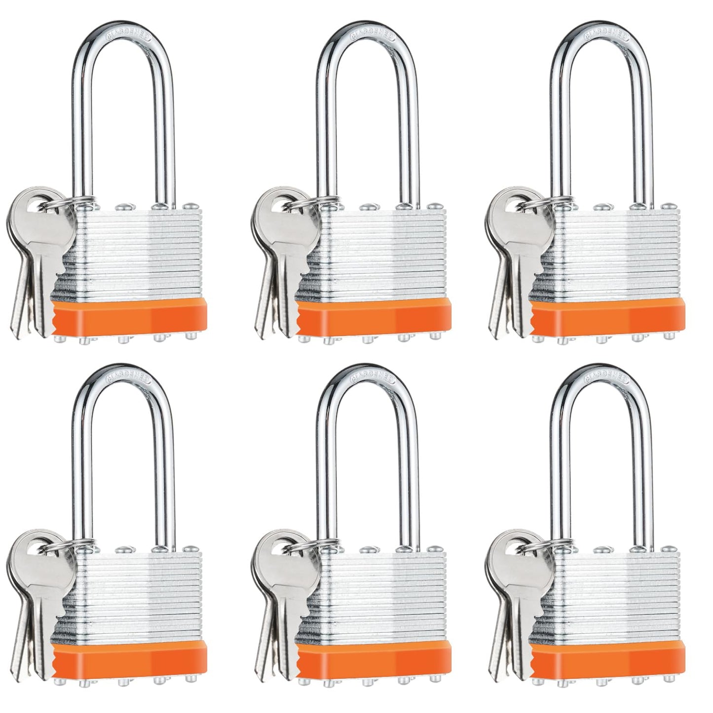 6Pcs Padlocks with Same Keys,Laminated Steel Orange Silver(1-9/16",40mm),Long Shackle for Sheds,Gates,Fences,Toolbox,Outdoor and Indoor Use