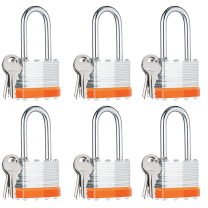 6Pcs Padlocks with Same Keys,Laminated Steel Orange Silver(1-9/16",40mm),Long Shackle for Sheds,Gates,Fences,Toolbox,Outdoor and Indoor Use