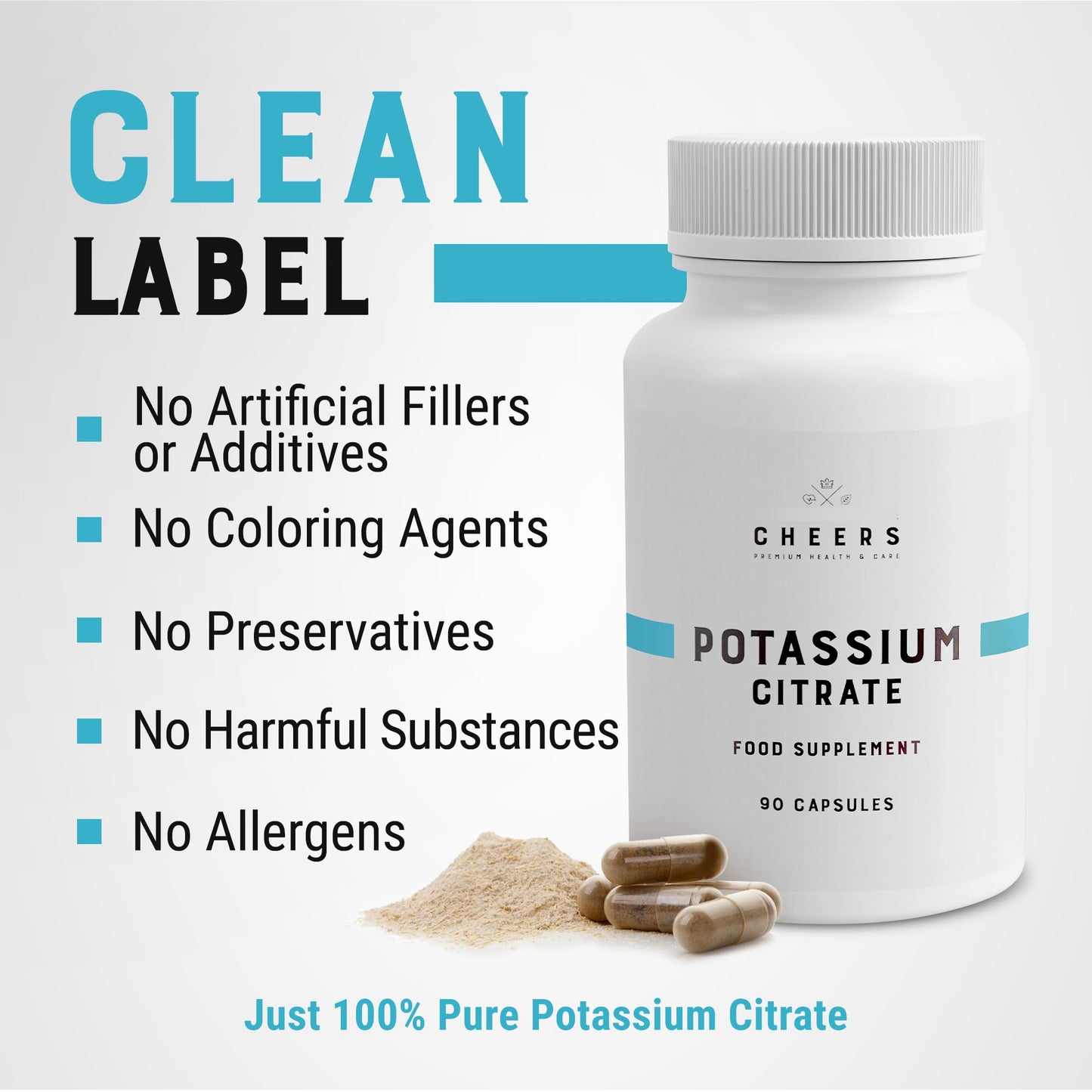 Cheers Potassium Citrate, 48% Daily Value, 316 mg per Capsule, 90 Capsules, Supports Cardiovascular and Blood Pressure Health, Vegan Potassium Supplement for Adults, Natural Mineral Electrolyte