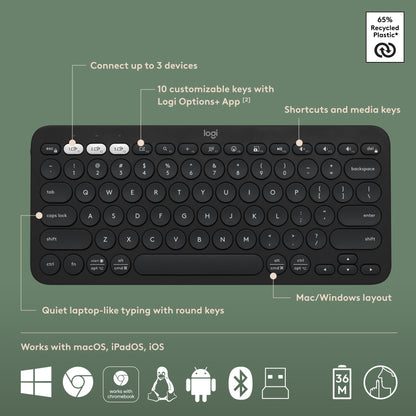 Logitech Pebble Keys 2 K380s, Multi-Device Bluetooth Wireless Keyboard with Customizable Shortcuts, Slim and Portable, Easy-Switch for Windows, macOS, iPadOS, Android, Chrome OS - Tonal Graphite