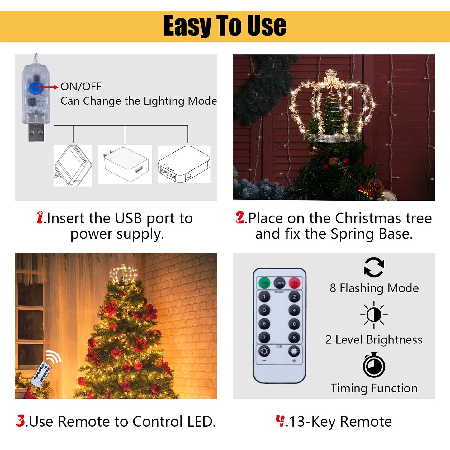 LAWOHO Christmas Tree Topper Star, Jeweled Crown with 60 Warm White LED USB Lighted Tree Topper, Xmas Tree Decor with Remote Control 8 Lighting Mode, Timer, Dimmer for Christmas Tree Ornament（Silver）