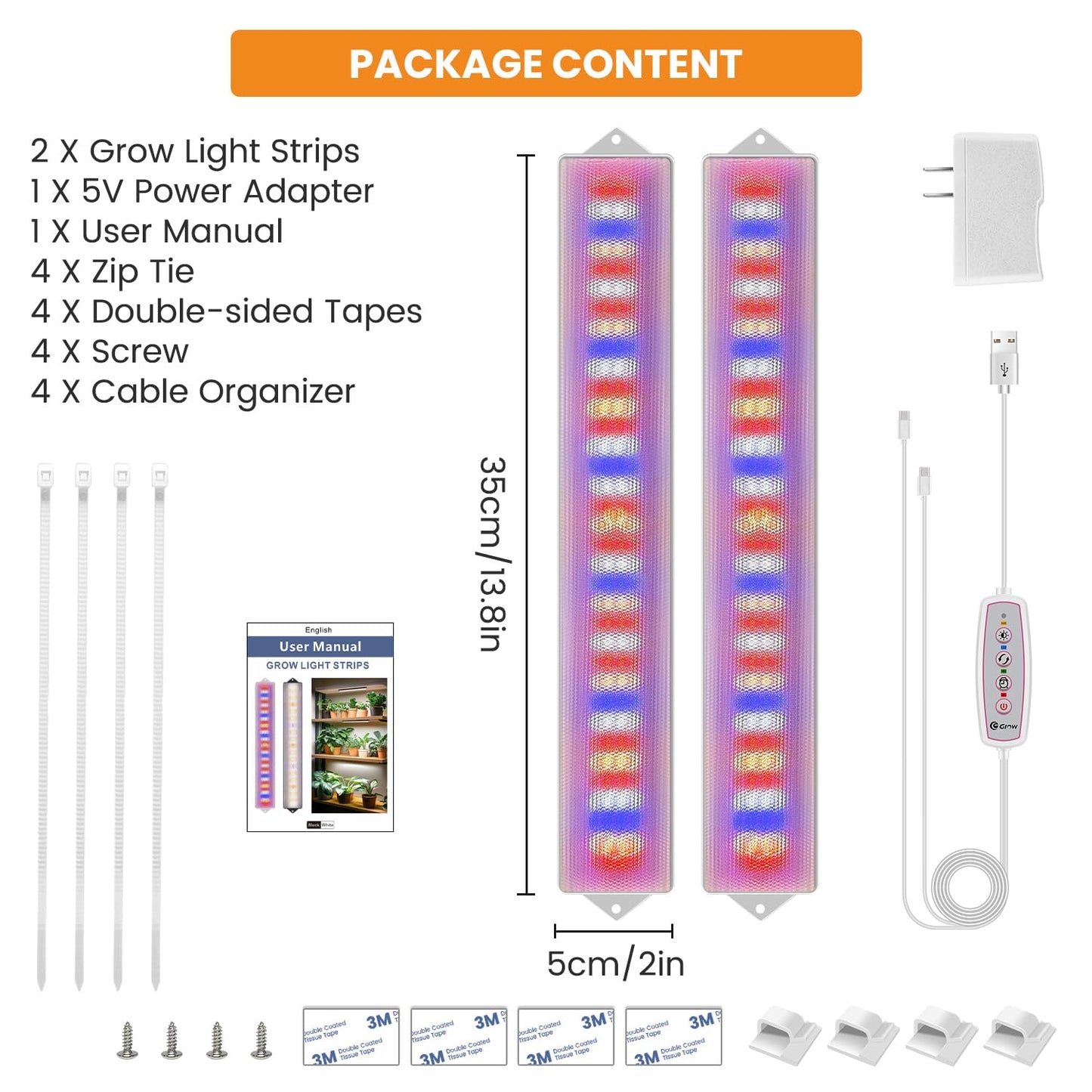 Eurbolan LED Grow Light Strip, 20W Full Spectrum Plant Lights With Red Blue White LEDs, 210 LEDs Grow Light Strips for Indoor Plants with 4/8/12/16H Auto Timer,3 Switch Modes, 5 Dimming Levels,2 Pack.