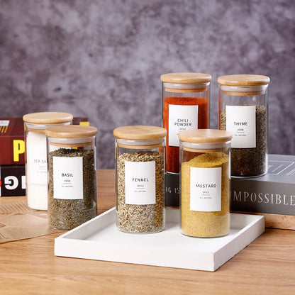 Glass Spice Jars with Bamboo Lids - 20 Pcs Thicken(2.4mm) 4oz Airtight Seasoning Containers with 131 Waterproof Minimalist Spice labels Preprinted - Small herb Jars for Pantry Organization and Storage