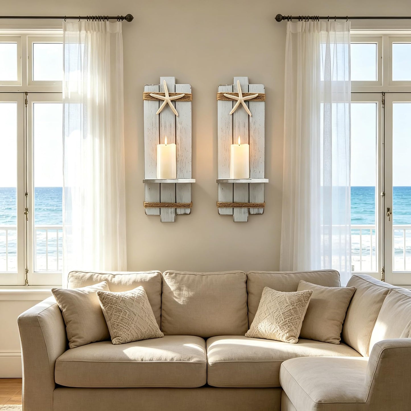 Fangoo 2Pack 15.7 Inch Natural Starfish Wooden Wall Candle Sconces Coastal Wall Decor Ocean Wall Candle Holder Beach Bathroom Decor Farmhouse Hanging Art Bedroom Gifts (White)