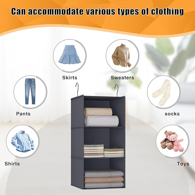 Hanging Closet Organizer and Storage 3-Shelf, Easy Mount Foldable Hanging