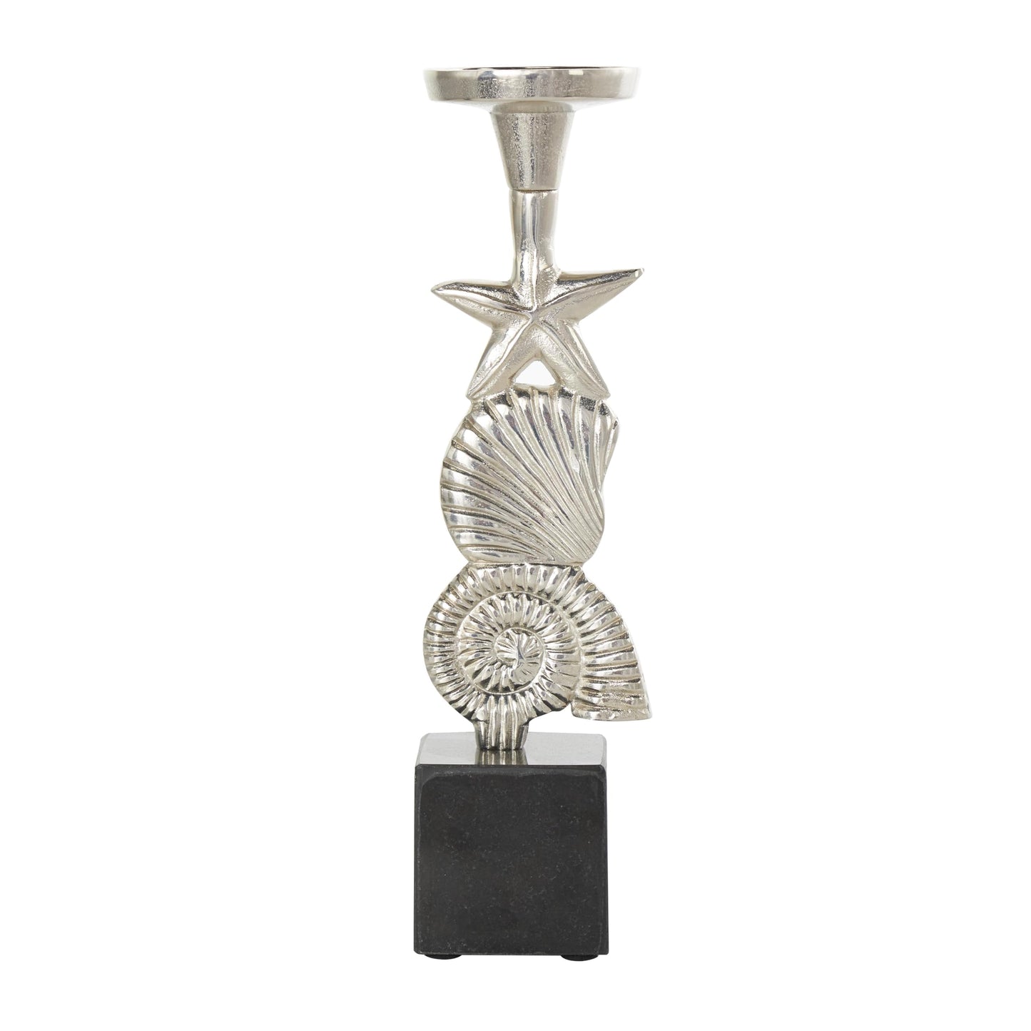 Deco 79 Aluminum Metal Shell Decorative Candle Holder Candle Stand with Black Marble Bases, Set of 2 Candlestick Holder 20", 14" H, Silver