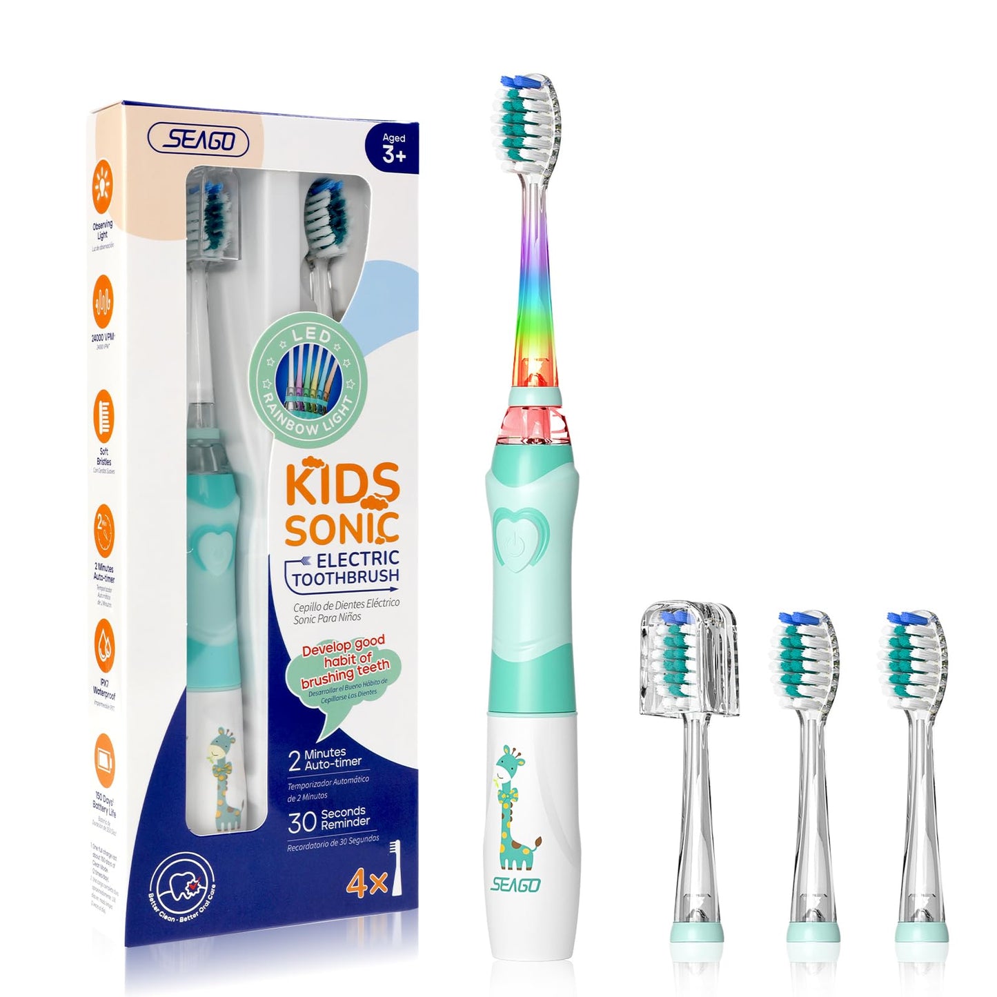 SEAGO Kids Electric Toothbrush with 2 Mins Brushing Timer and 4 Replacement Bursh Heads, Rainbow LED Light Make Brushing Fun, Boys Battery Powerd Toothbrush for 4-12 Years Old，SG-977 (Light Blue)