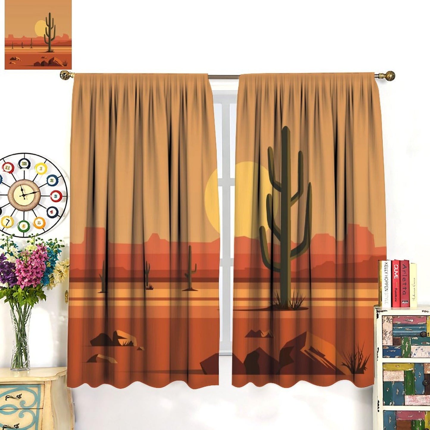 Desert Cactus Curtains, Saguaro Cactus Sunset Landscape Print, Light Filtering Window Drapes for Bedroom Living Room Kitchen, 20.5" W x 44.5" L, 2 Panels （No Blackout）
