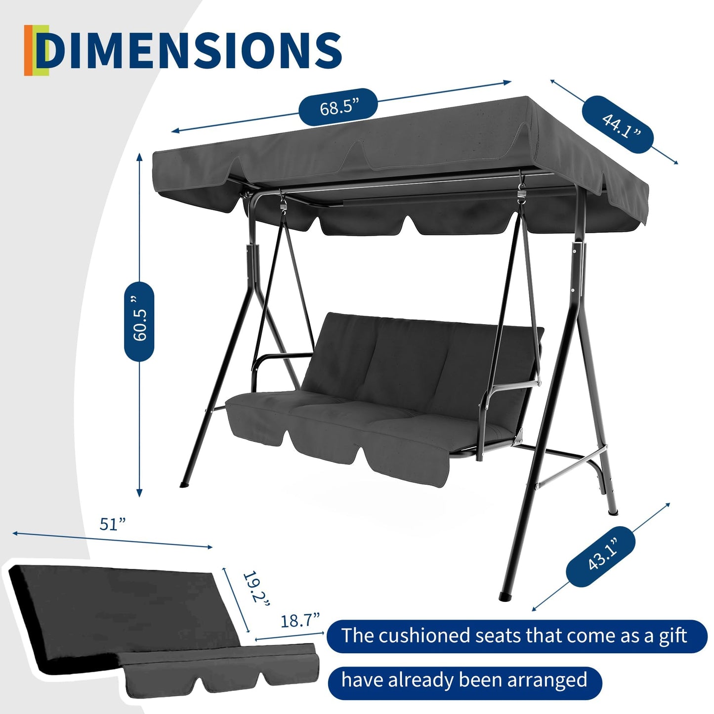 GarveeHome Outdoor Swing Chair with Adjustable Canopy, 3-Person Outdoor Patio Swing Chair with Heavy Duty Stand, Convertible Glider Swing Chairs for Deck, Lawn, Backyard, or Porch, Grey