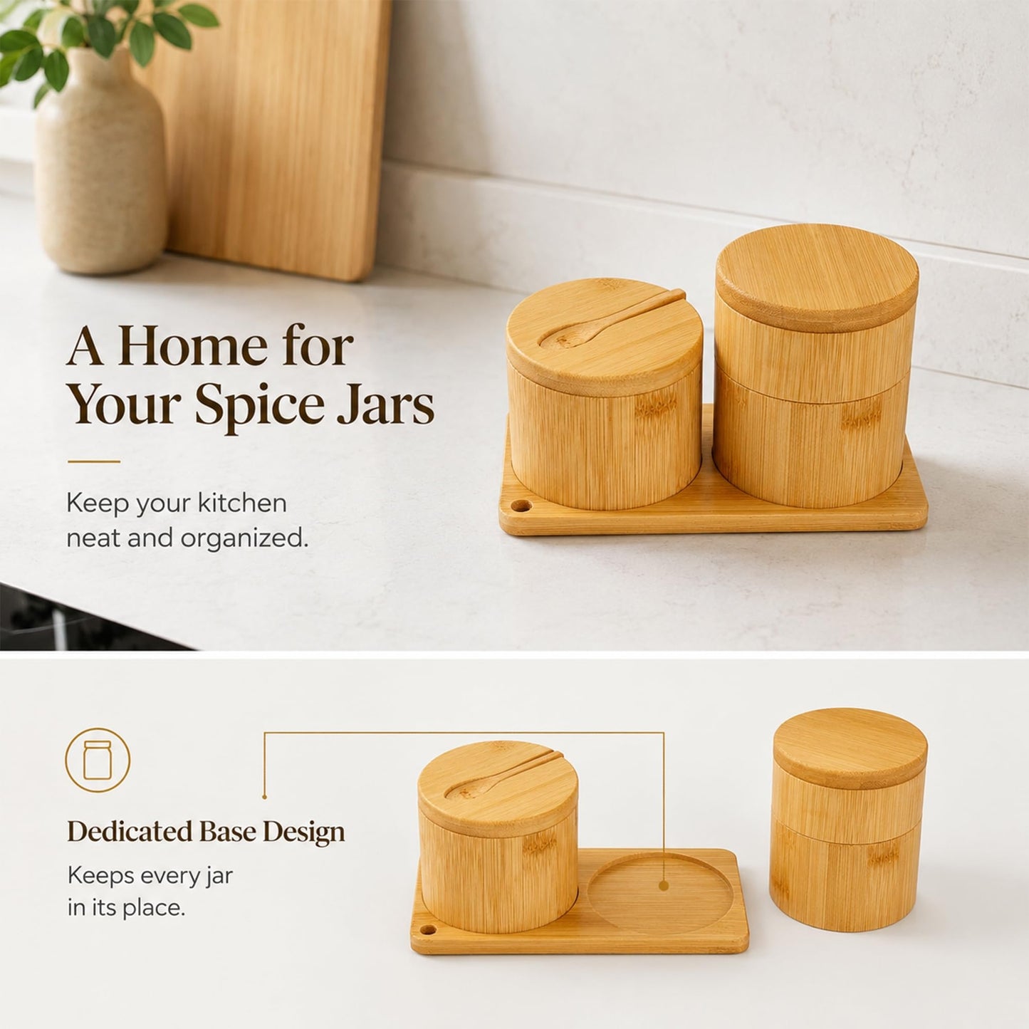 Bamboo Salt Cellar Set with Tray, Single & Double-Tier Salt and Pepper Cellar with Spoon & Magnetic Swivel Lid, 16 Labels, Spice Containers for Salt, Sugar, Pepper, Spices, Kitchen Organizer 9OZ Each