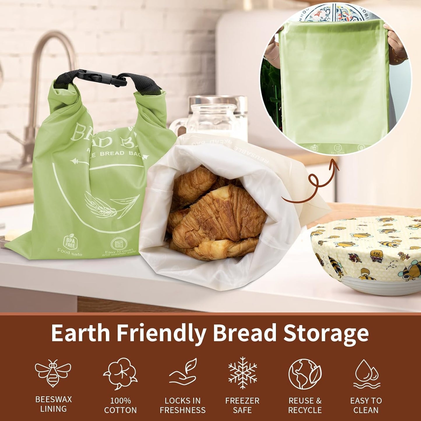 Bread Bags for Homemade with Beeswax Wrap - Zipper Reusable Bread Bag for Sourdough 2-Pack, Reusable Food Storage Bag to Keep Sourdough Fresh, Freezer-Safe, Eco-Friendly (Orange&Grey)