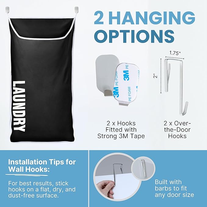 Hanging Laundry Hamper Bag XL 40x22", Space Saving over the Door Storage Bags
