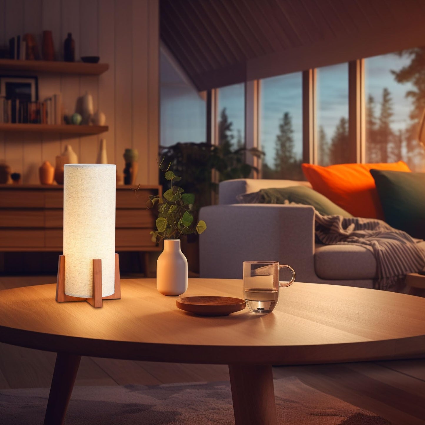 KUNJOULAM Modern Table Lamps, Nightstand Lamp with Linen Fabric Shade Brown Wooden Base, 13.9" Cylinder Bedside Table Lamp for Bedroom, Cafe, Living Room Home Decor