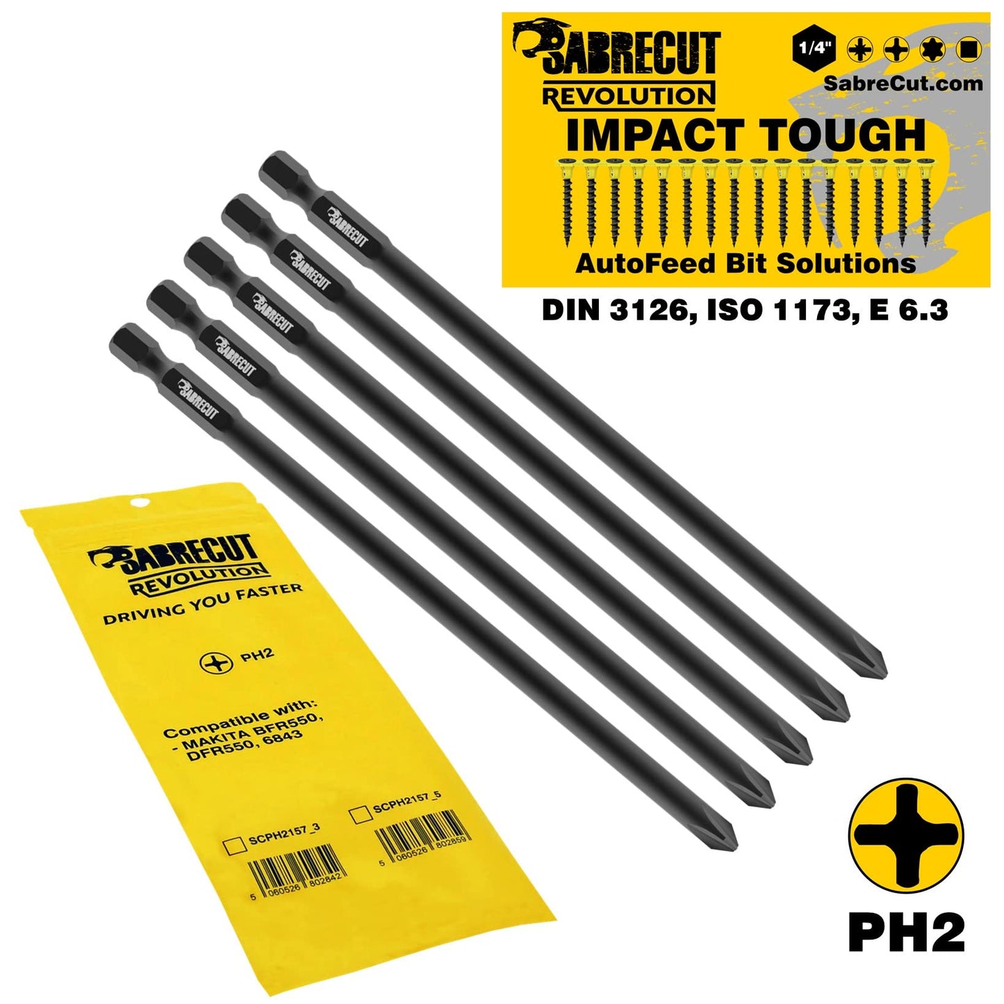 5 x SabreCut SCPH2157_5 157mm PH2 Autofeed Collated Drywall Screwdriver Gun Bit Single Ended Phillips No.2 Heavy Duty Compatible with Makita BFR550 6843 DFR550