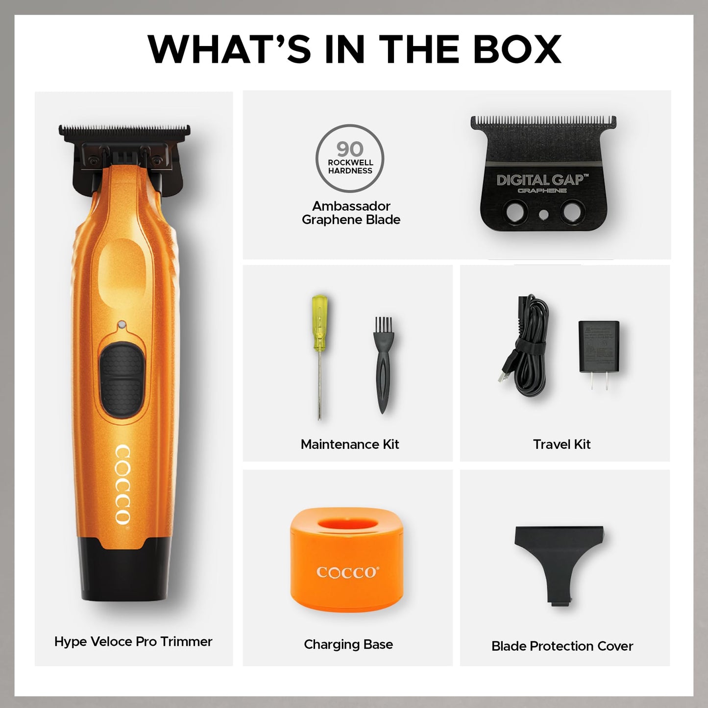 Cocco Hyper Veloce Pro Trimmer, Digital Gap Graphene Blade Edger, High-Torque Brushless BLDC Motor, Cordless, All-Metal Design, Lithium-Ion Battery, Charging Base Included, Orange