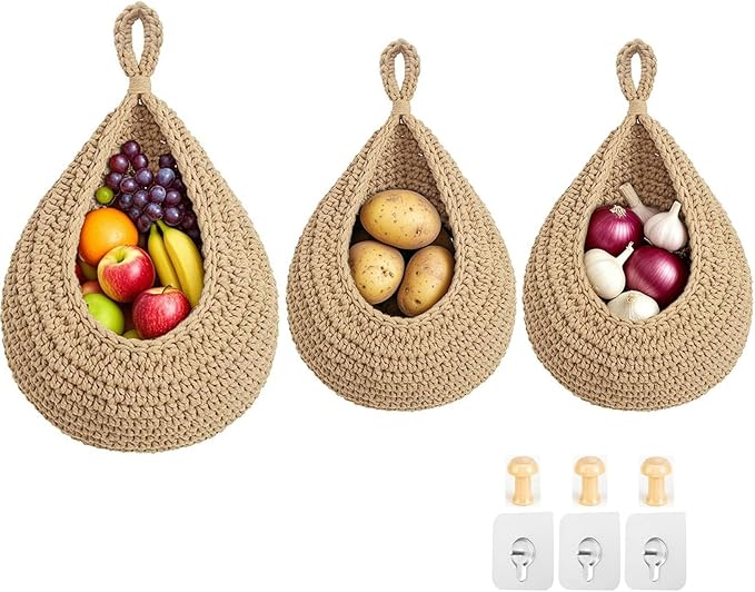 Halidali Hanging Fruit Baskets for Kitchen, 3 Pack Boho Cotton Rope Handwoven