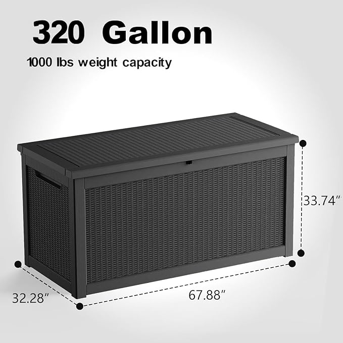 DRATO 320 Gallon Deck Box, Outdoor Large Waterproof Resin Storage Box with Lockable Lid for Patio Cushions, Gardening Tools （Black，320 Gallon）