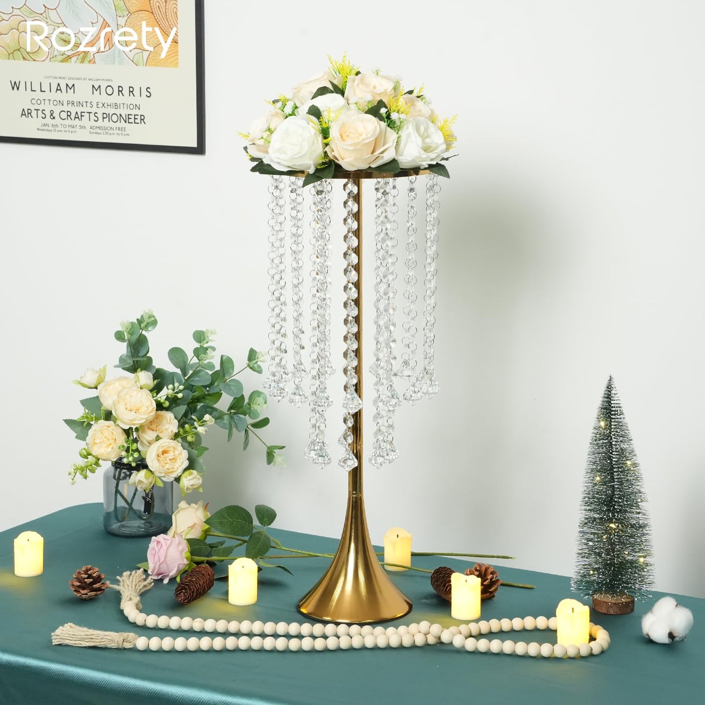4 Pcs Gold Centerpieces for Table, Rozrety Wedding Centerpiece Vases for Tables 22inch Tall Metal Crystal Flower Stand for Party Event Wedding Anniversary Dinner Home Decorations