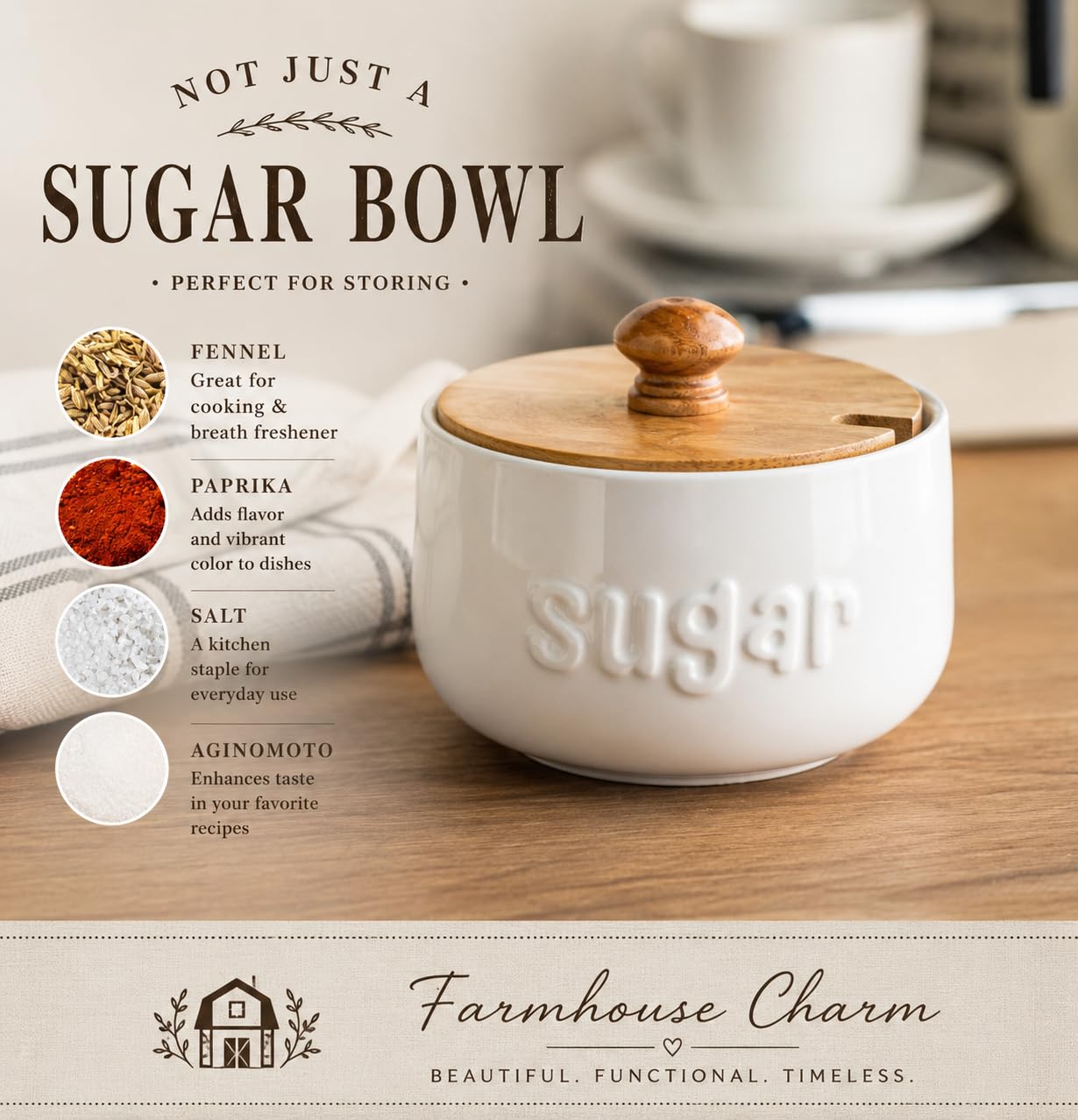 LYEOBOH Sugar Bowl with Lid and Spoon,17 OZ Sugar Jar, Ceramic Jar with Lid, Sugar Container for Coffee Bar, Sugar Bowls for Countertop, Azucarera for Farmhouse Home and Kitchen Accessories, White
