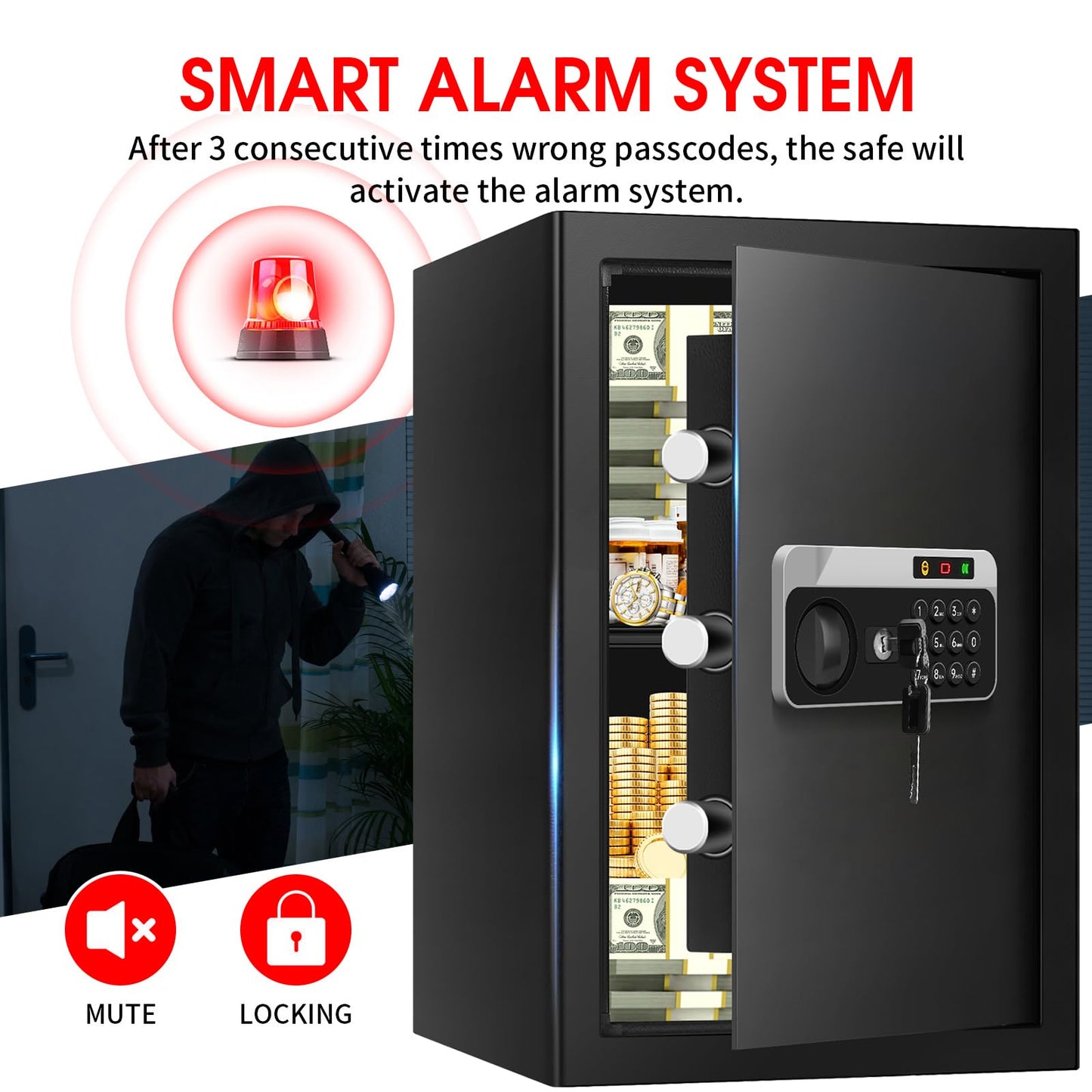 3.4 Cuft Large Home Safes Water and Fireproof, Personal Safe Box Fireproof Waterproof with Digital Keypad, Removable Shelves and Alarm System, Anti-theft Fire Proof Safe for Home Documents